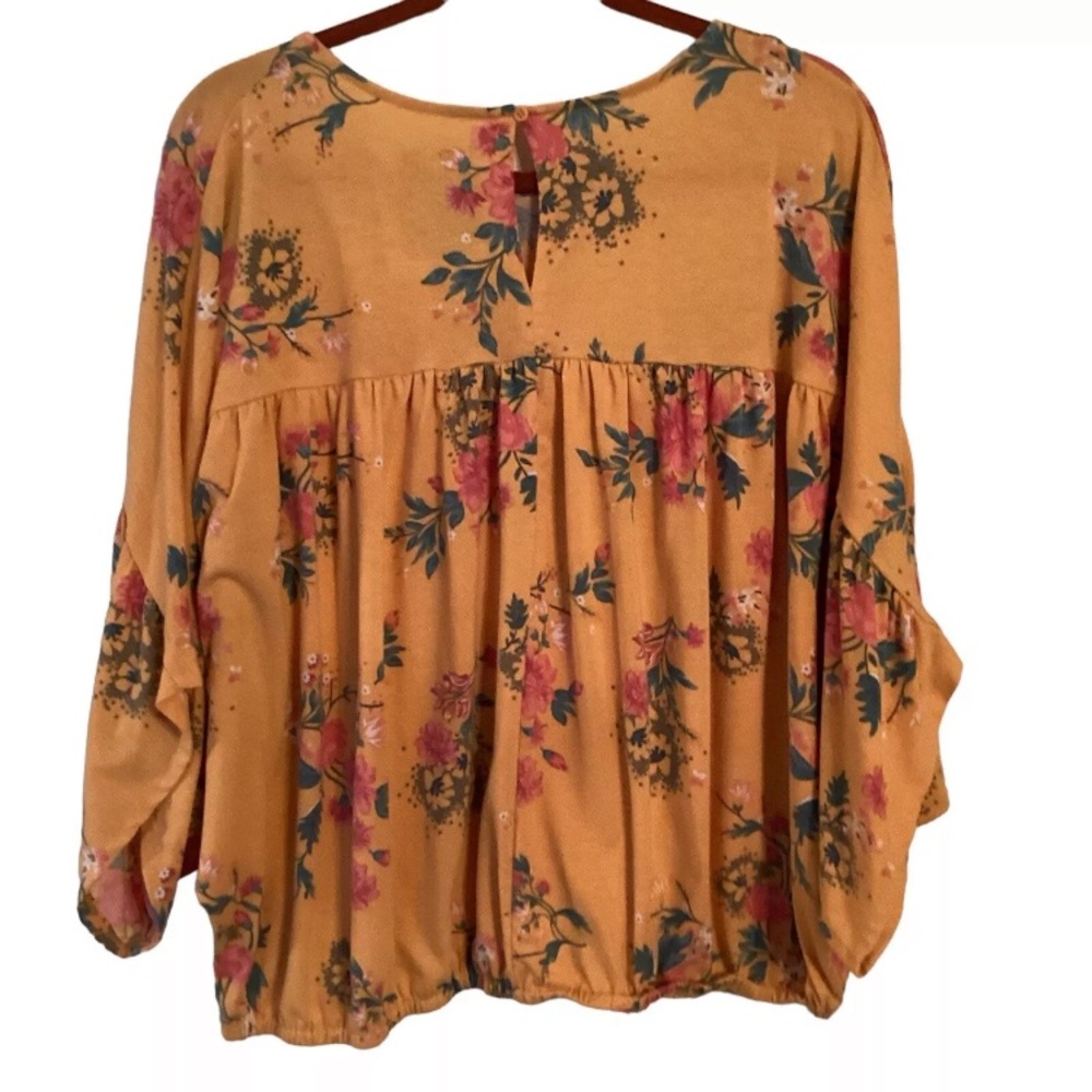 Time and Tru Orange Floral Relaxed Blouse L Large 12-14 Elastic waist bat sleeve - Picture 2 of 5